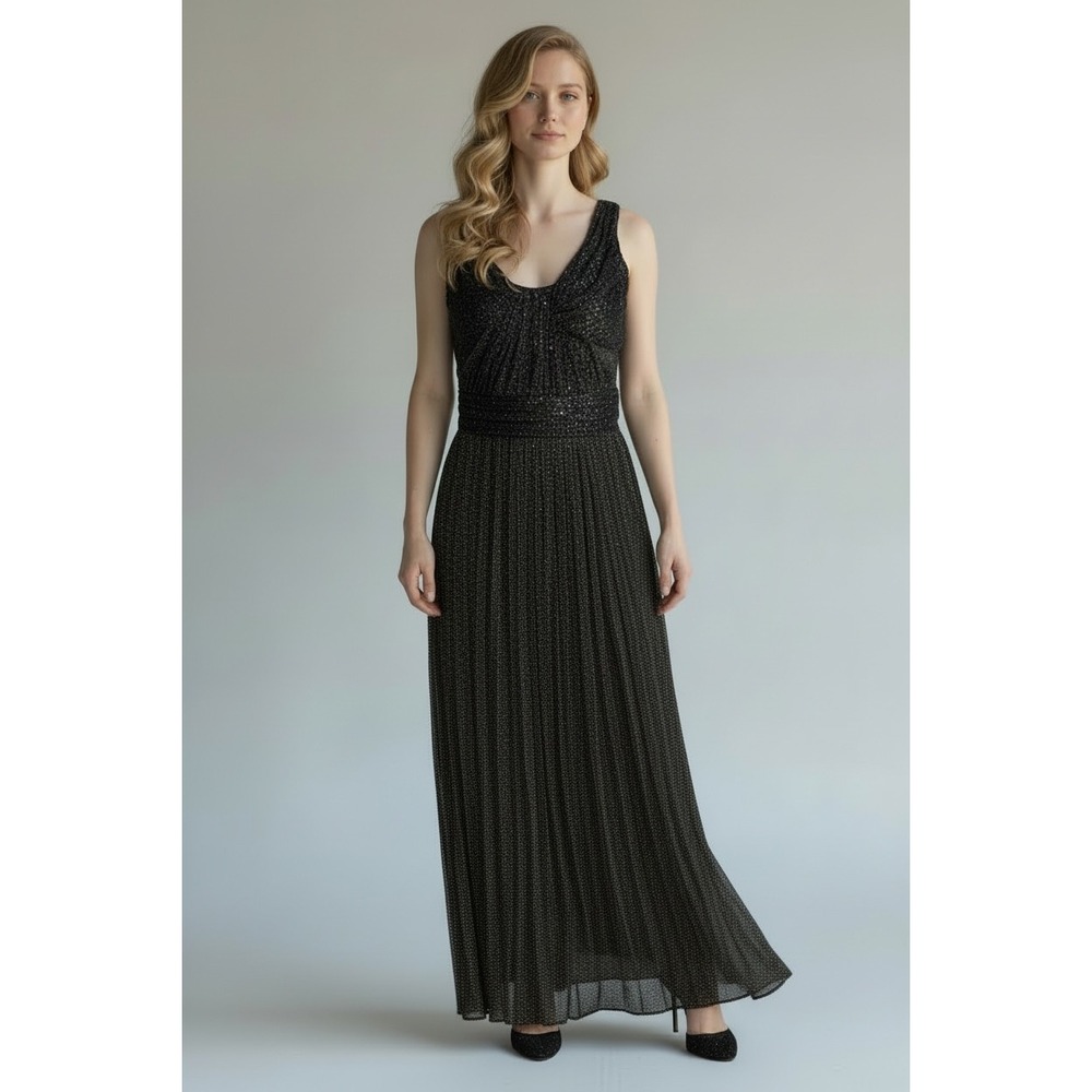 David Meister Womens Metallic Sequin Sleeveless V-Neck Pleated Maxi Gown Black 4